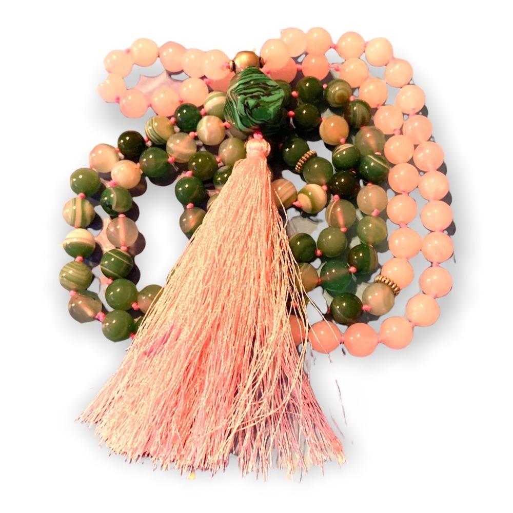 108 Knotted Bead Mala - Rose Quartz & Green Lace Agate W/Malachite Guru